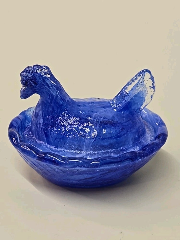 Cobalt Blue & White Slag Glass Hen on Nest Salt Cellar
