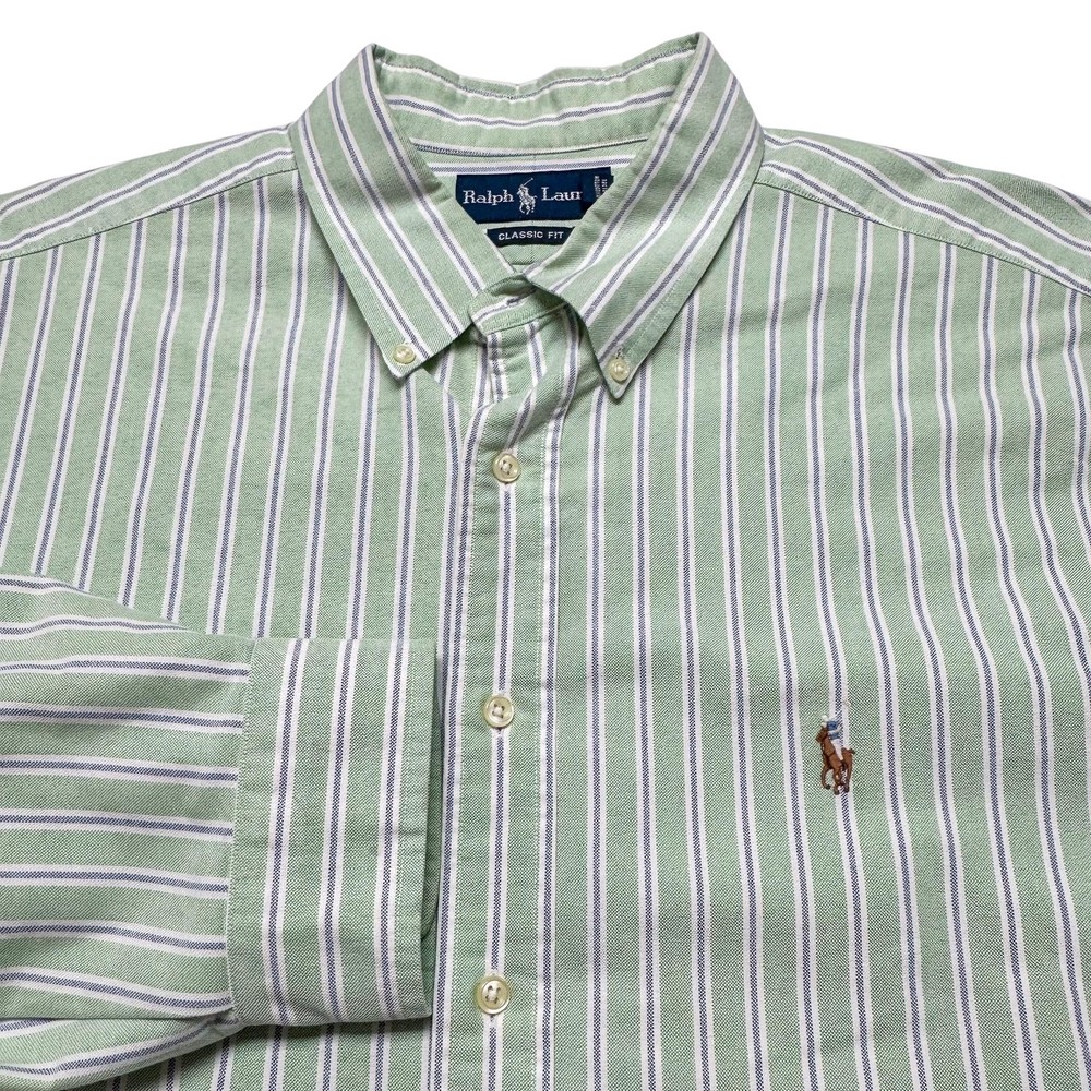 Ralph Lauren Oxford Shirt Mens 2XL Green Stripe Classic Fit Button Down Preppy