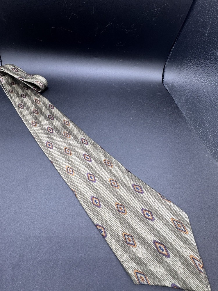 Vintage Bill Blass Black Label Silk Tie Gray Geometric Necktie Made Costa Rica