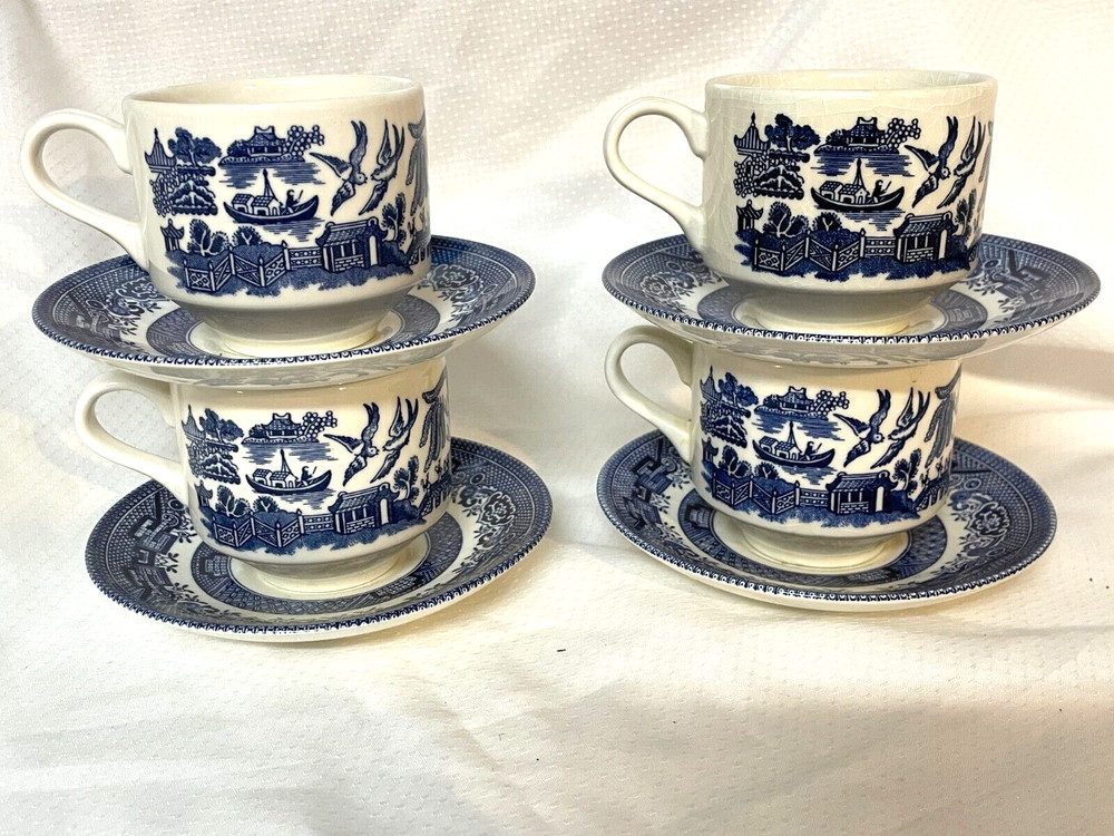 Vintage Lot 4  Churchill of England Blue Willow England Cups and Saucers