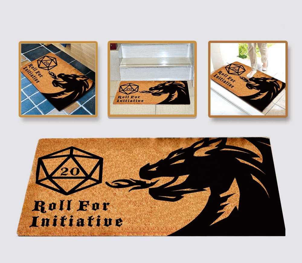 Roll for Initiative Welcome Mat Brown Coir Funny Doormat Printed with Dragon ...