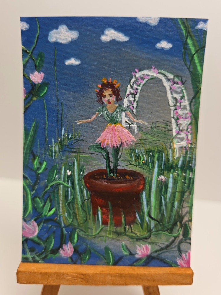 Original ACEO Flower Fantasy Painting OOAK Whimsical Garden Art Card