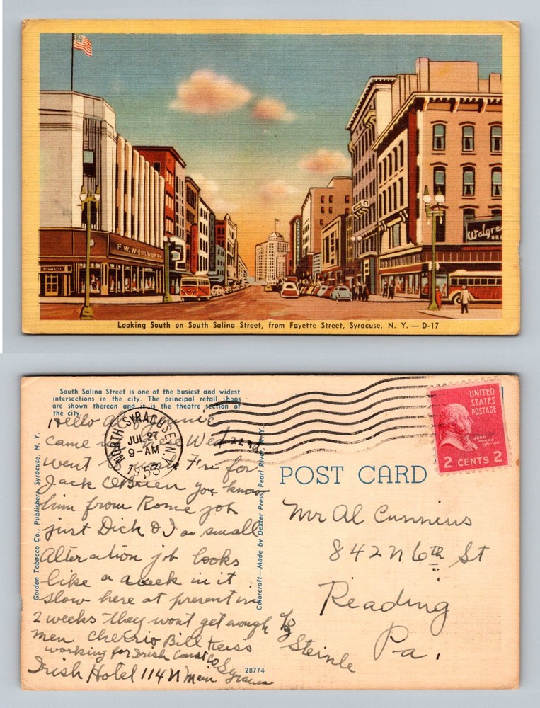 Syracuse, NY-New York, South Salina Street Fayette View c1953 Vintage Postcard