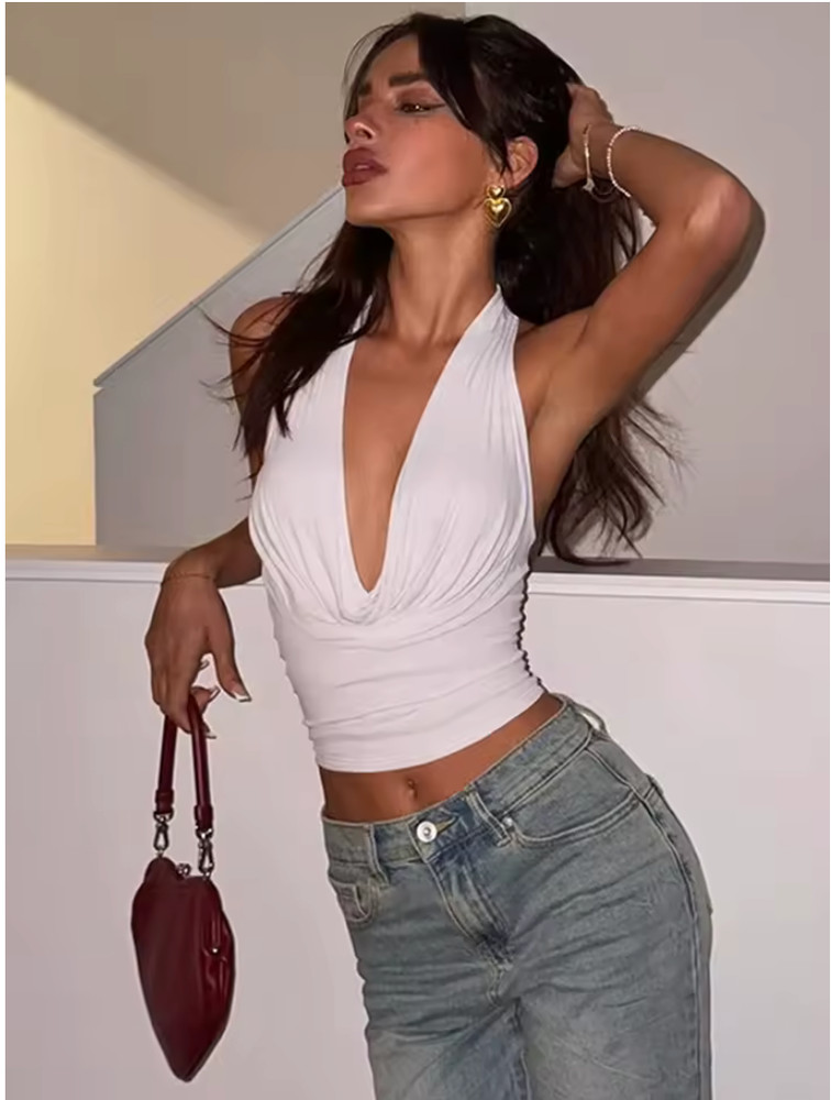 Women's Halter Neck Deep V Draped Crop Top Ruched Backless Sexy Summer Y2K