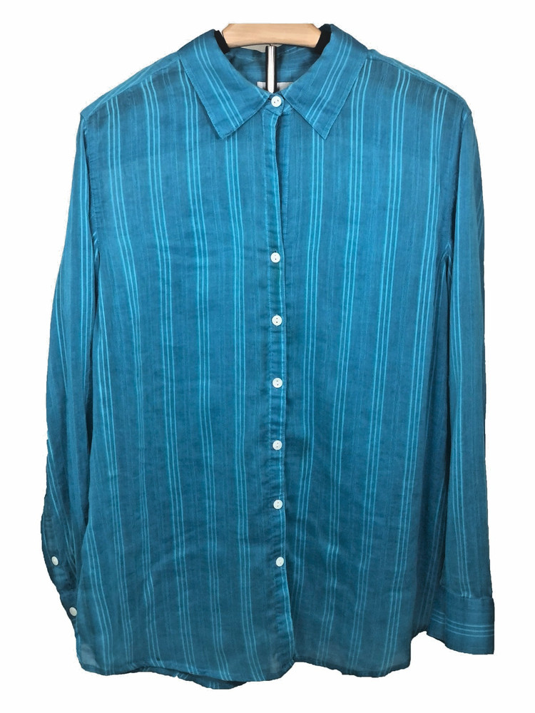 Chico’s Silk Blend Button Up Shirt Sheer Striped Women 2 Large Blue Lightweight