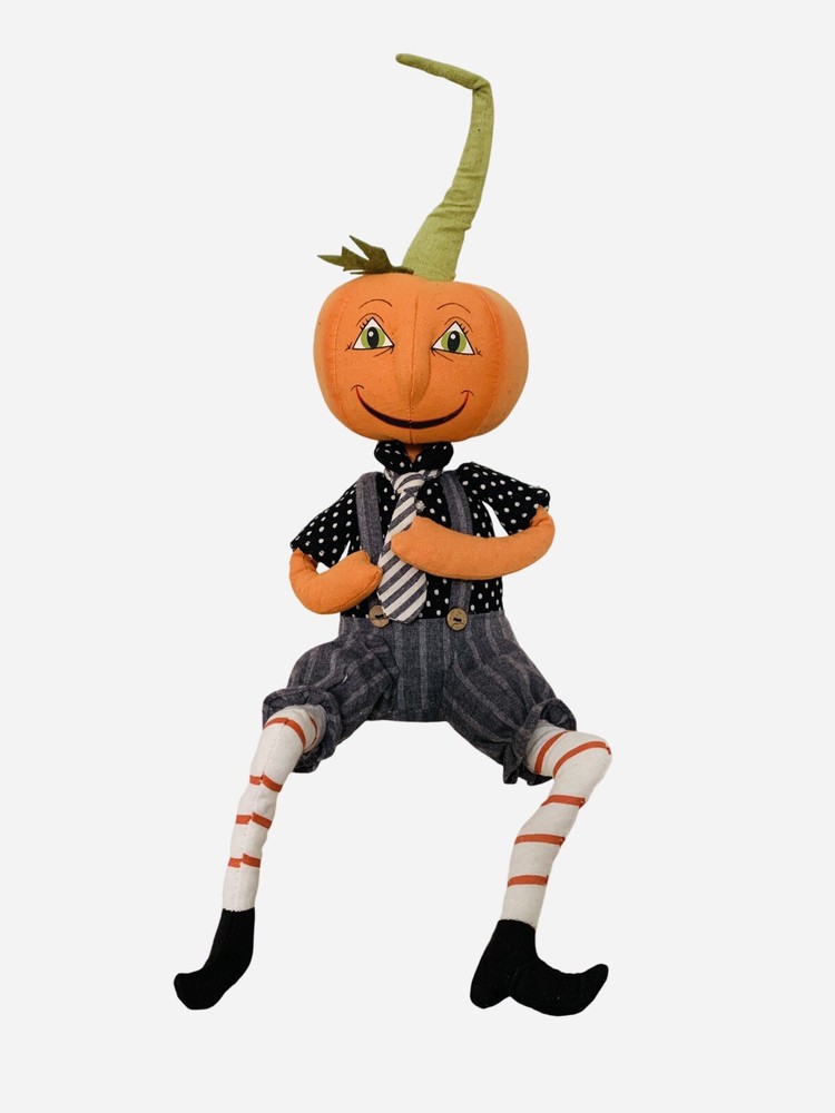 Halloween Primitive Vintage Style Pumpkin Head Boy Doll Shelf Sitter Decor
