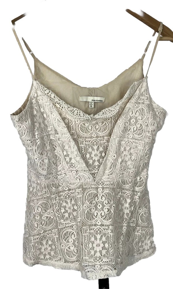 June & Hudson Tank Crop Top Medium Sheer Crochet Lace Cream Camisole Cottage