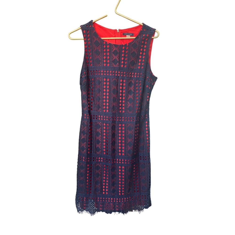 TOMMY HILFIGER Red Dress – Navy Crochet Overlay – Size 10 – EUC – Classic Fit