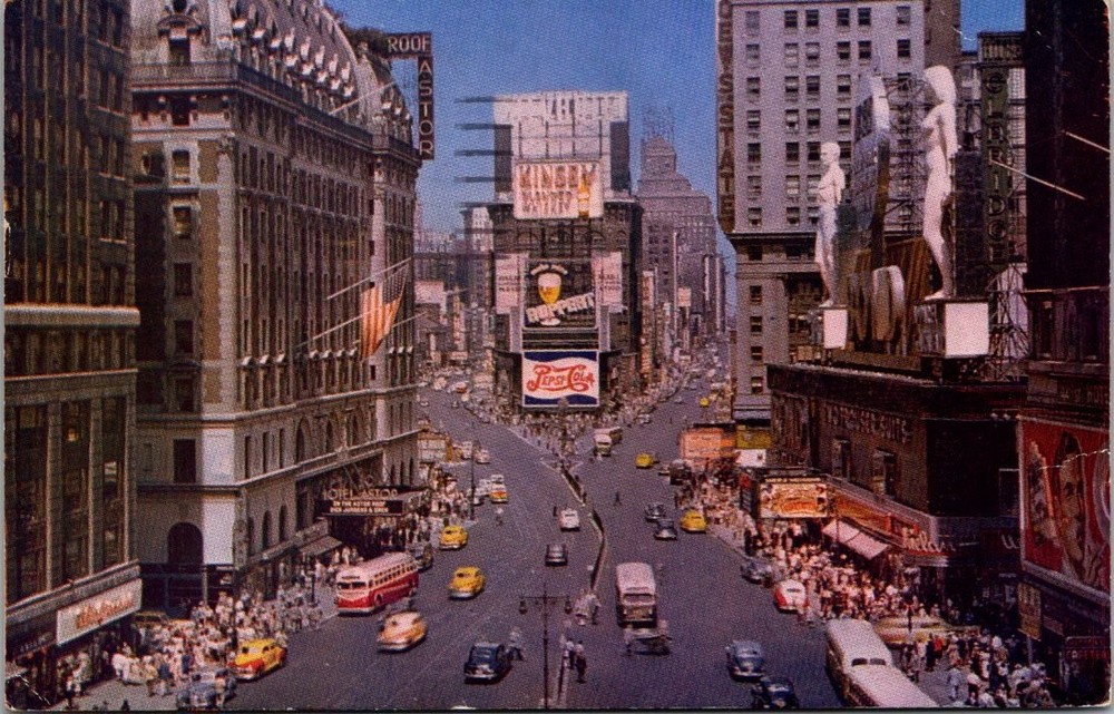 Times Square NYC 1949 Postcard - Hotel Astor, Pepsi-Cola Sign, Vintage Cars