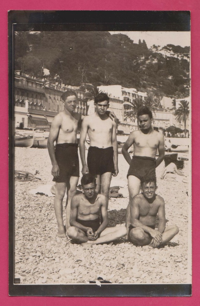 French Beach, 5 boys in swimsuit, France, old real photo postcard