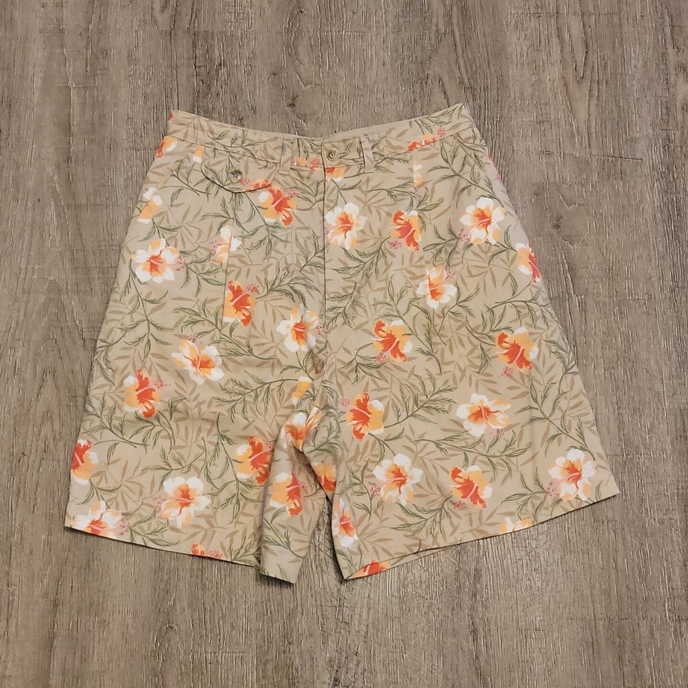 White Stag Pleated High Rise Shorts ~ Sz 8 ~ Light Brown ~ Floral ~ 7.5