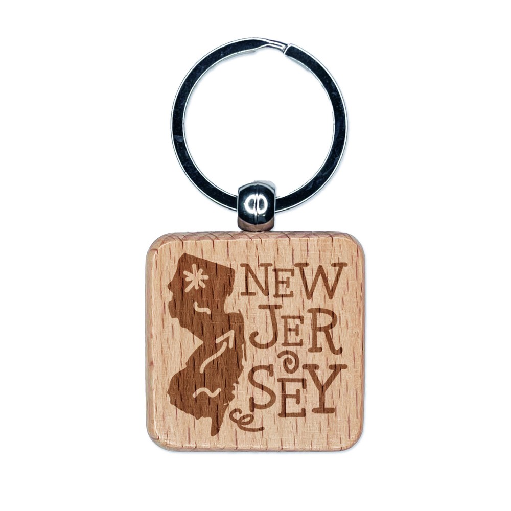 Engraved Wooden Keychain with New Jersey State & Swirl Design  
