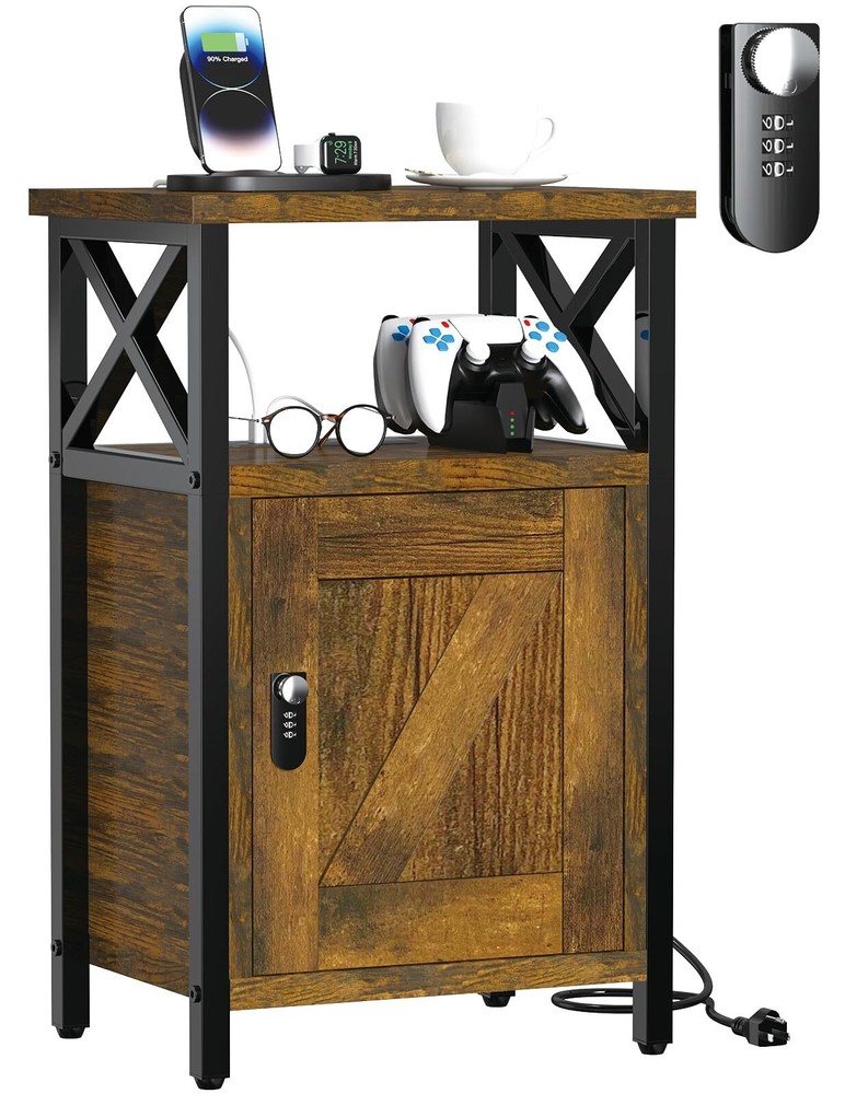Wooden Nightstand with Lock Drawers and USB Charging Bedside Table