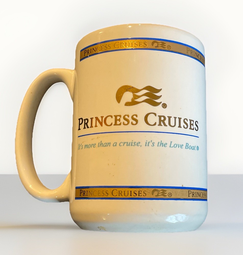 Vintage Princess Cruises Coffee Mug Cup White Gold Banner “It’s The Love Boat”