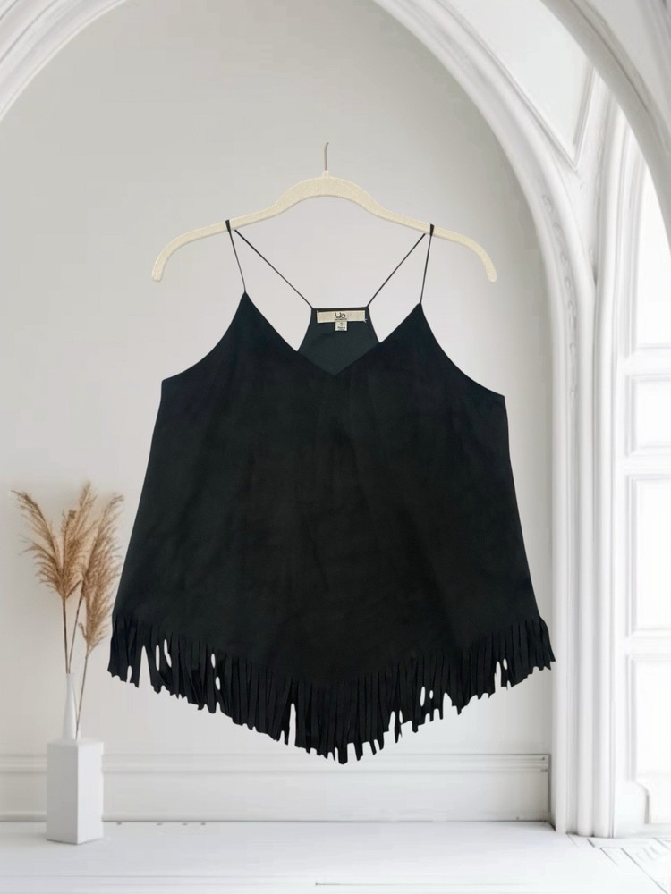 Ya Los Angeles Womens Faux Suede Fringe Top Size Small Racerback Boho Chic