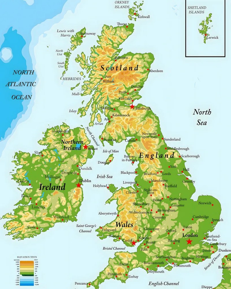 Great Britain And Ireland Map Wall Art Poster With Topographic Shading