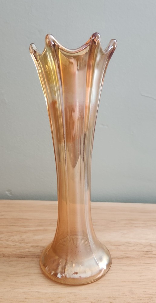 Orange Iridescent Carnival Glass Swung Vase