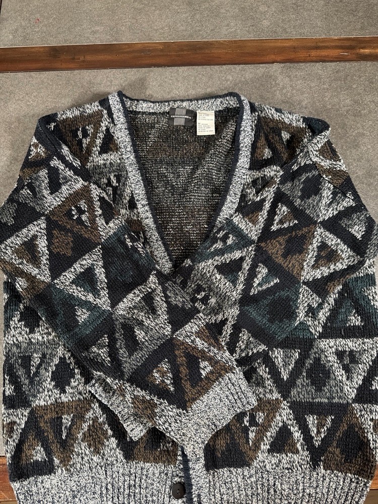 Vintage 90s Expressions Geometric Knit Cardigan Sweater Medium Made in Korea