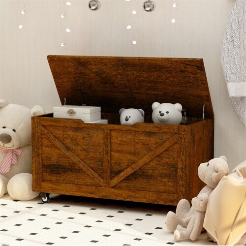 Sturdy Brown Storage Chest Trunk with Wheels and Brakes, Versatile Bench