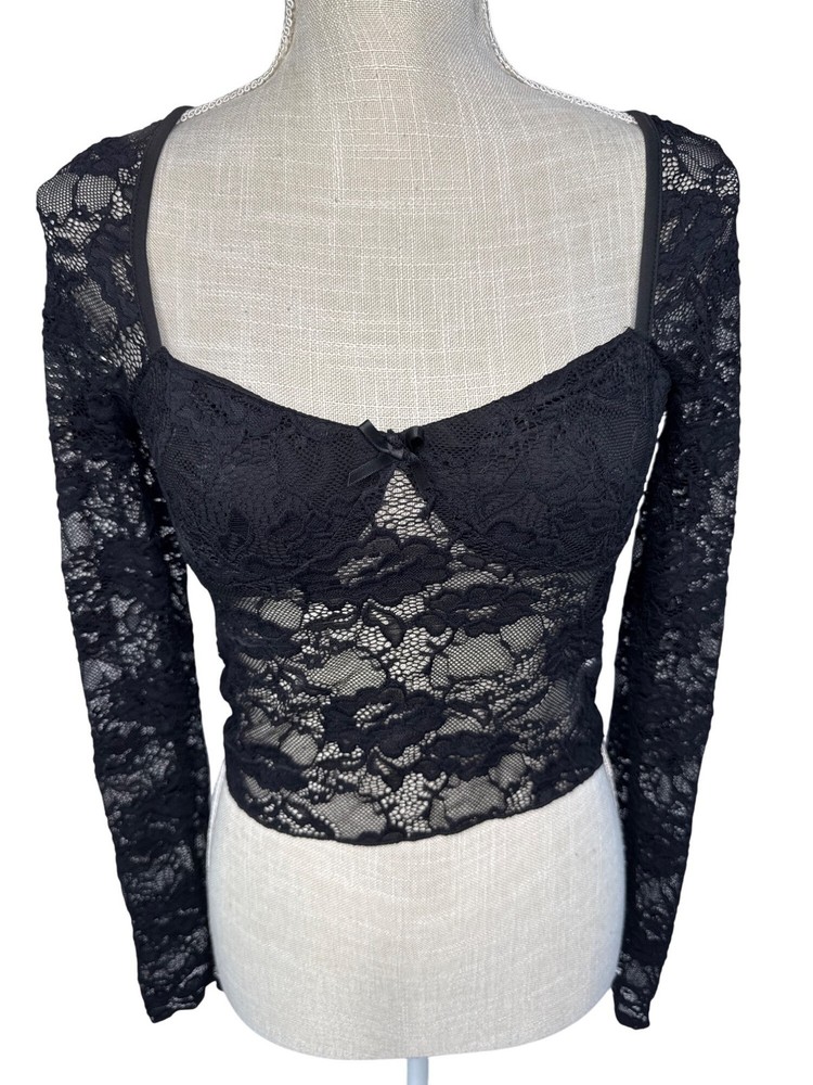 Black Lace Long Sleeve Cropped Top S With Sweetheart Neckline & Sheer Floral Pat