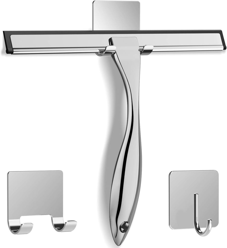 Stainless Steel Shower Squeegee for Glass Doors with 2 Adhesive Hooks