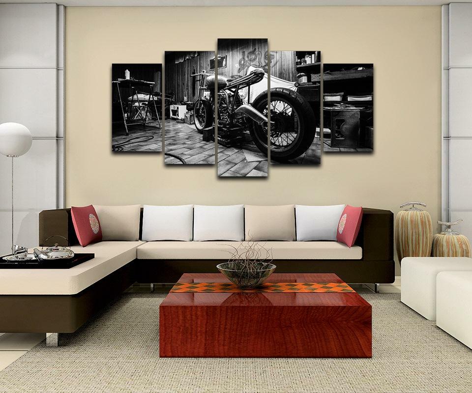 Black & White Vintage Antique Motorcycle Framed 5 Piece Canvas