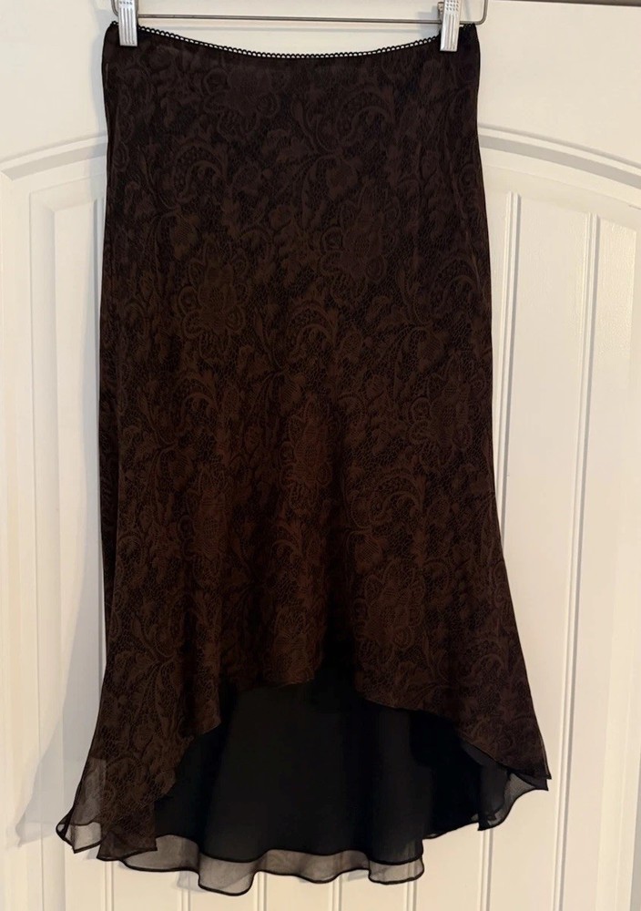 Vintage 90s Large Silk Cache Brown Lace Print Asymmetrical Mid Skirt NWT Fairy