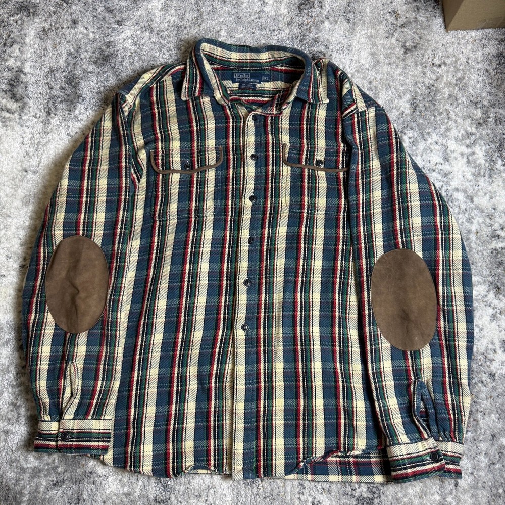 Polo Ralph Lauren Matlock Flannel Shirt Mens XL Plaid Elbow Patches Green Red