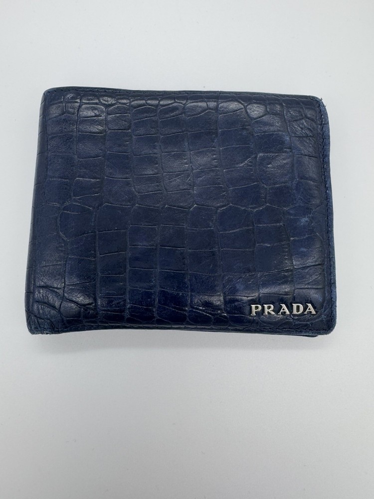 Authentic Prada Navy Blue Crocodile Embossed Bifold Wallet Stampa Cocco