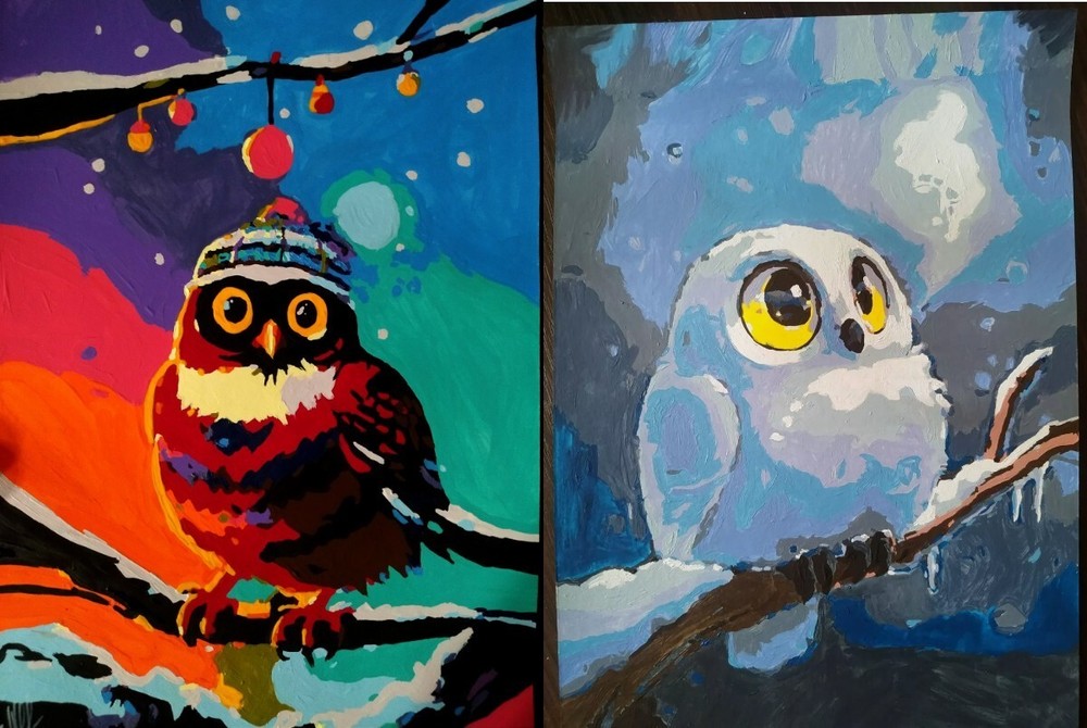 Handmade set of two acrylic owl paintings