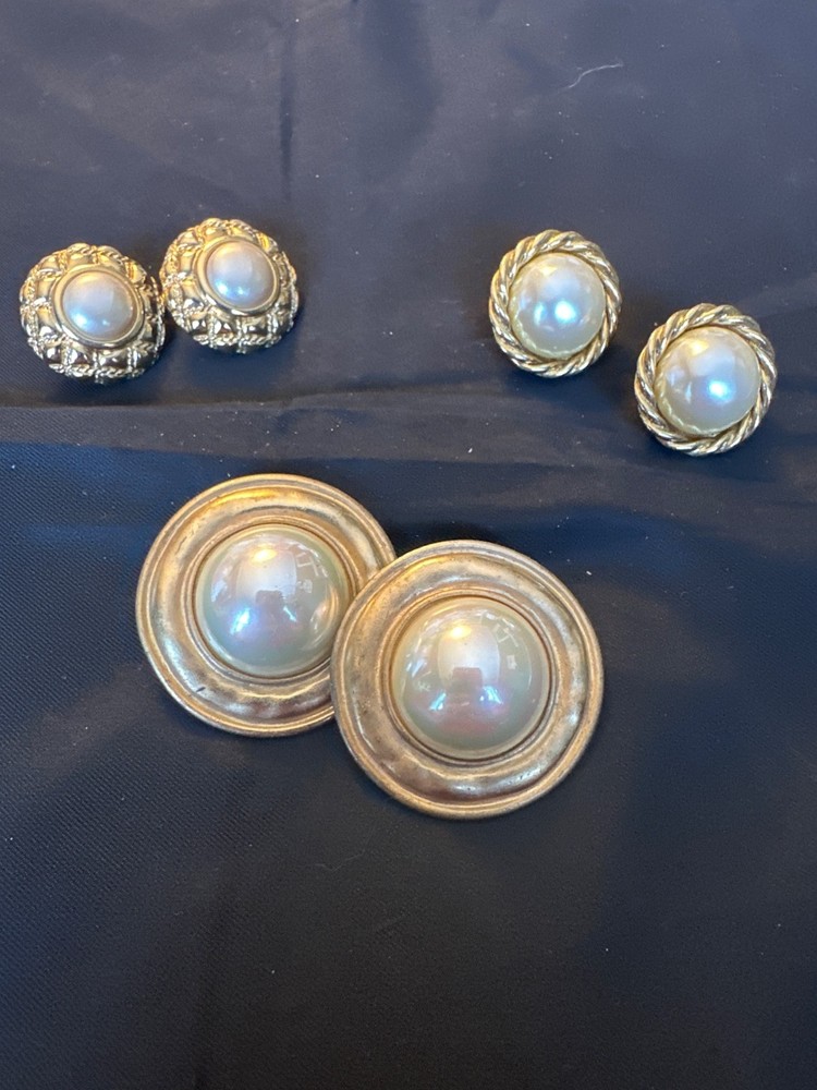 Lot of 3 Vintage Carolee Clip-On Earrings-1980s Retro Faux Pearl & Gold-Tone