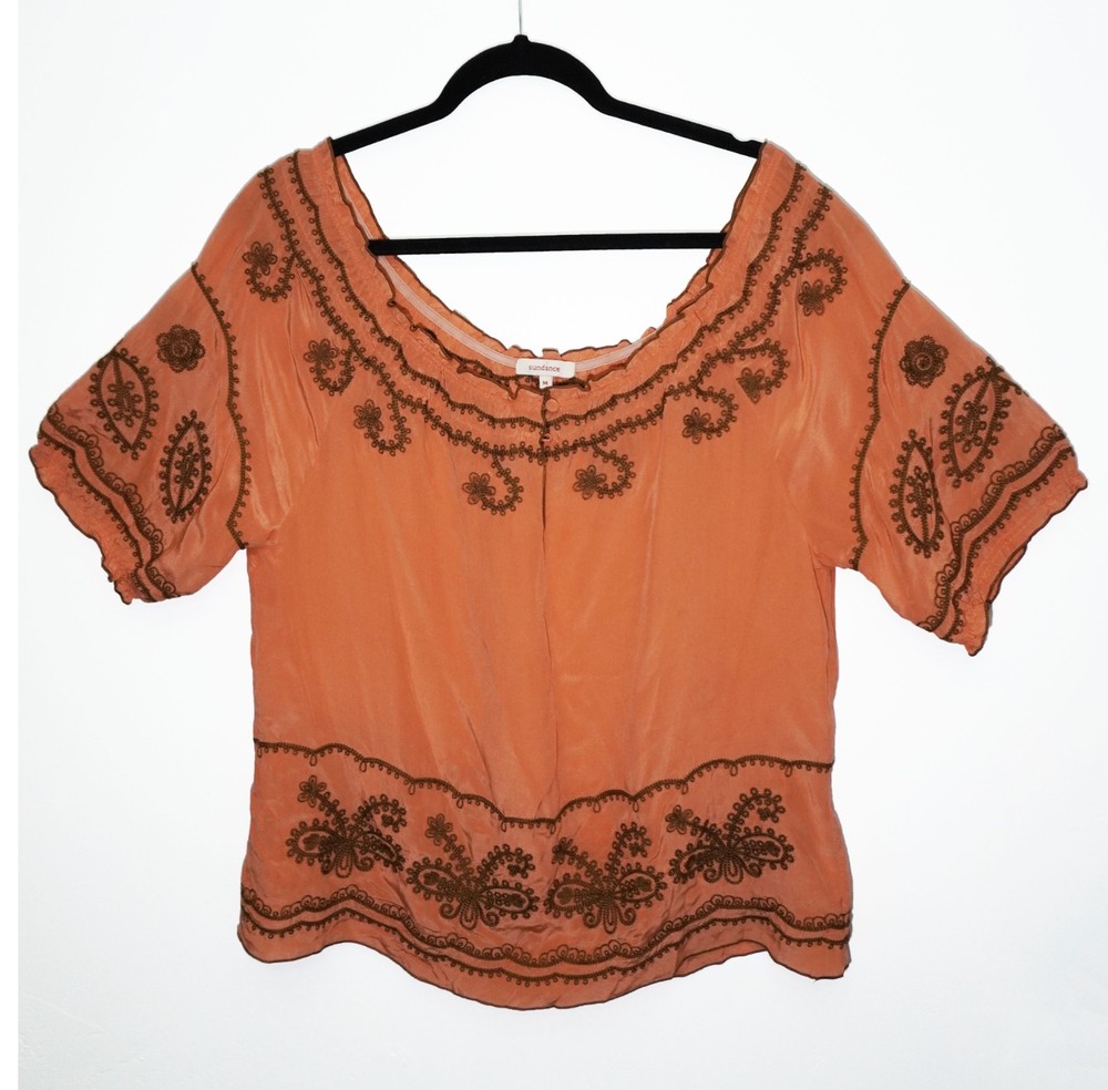 Sundance Silk Embroidered Boho Sheer Tunic Off Shoulder Orange Blouse Womens M