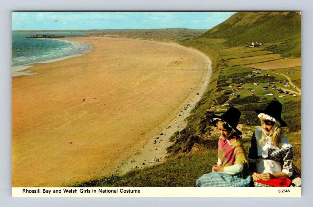 Rhossili Bay-Wales, Welsh Girls in National Costume, Vintage Souvenir Postcard