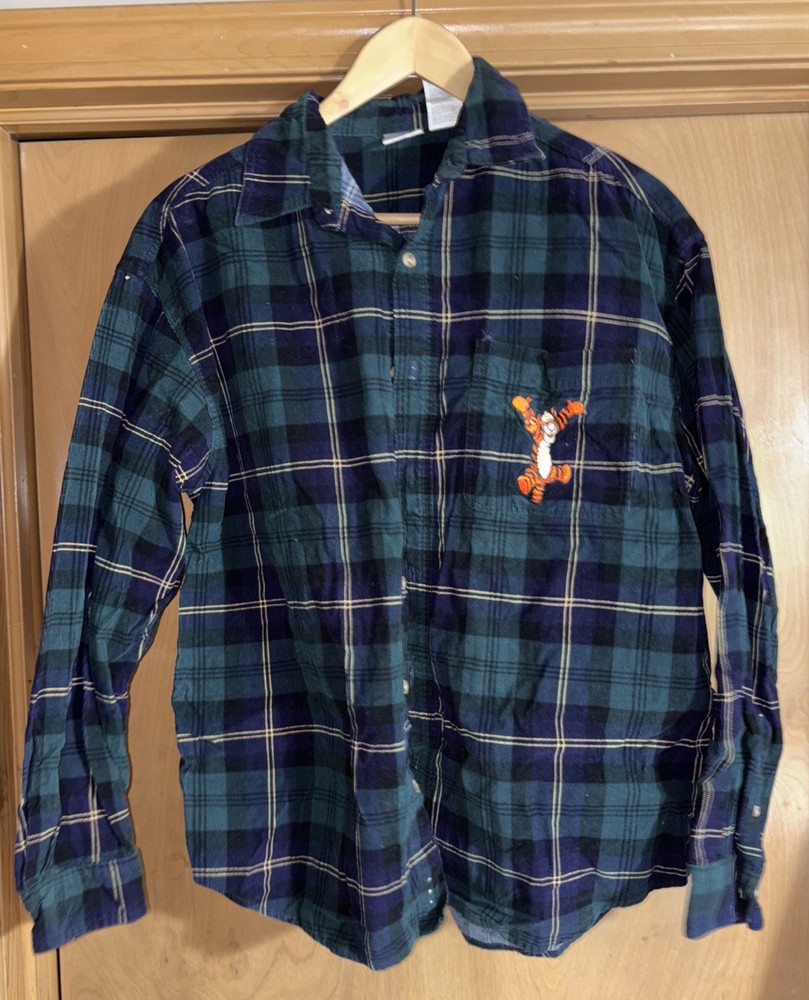 Vintage Disney Store Men's L Tigger Embroidered Blue Green Plaid Flannel Shirt