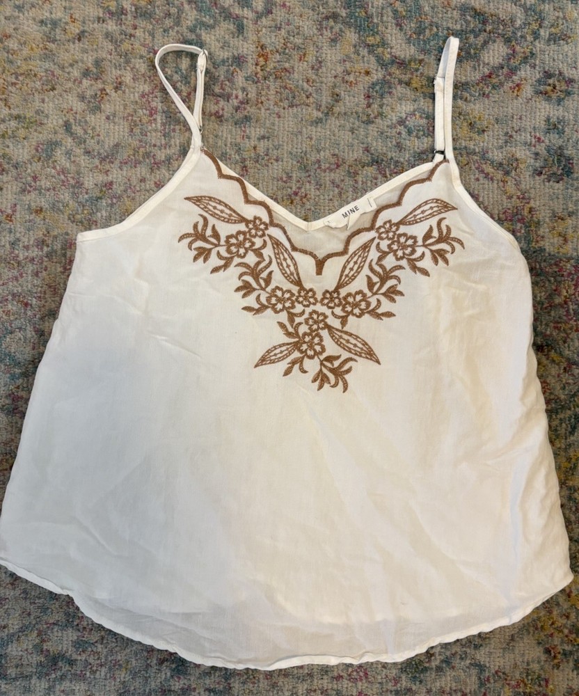 Women’s MINE S Small Summer Spring White Boho Spaghetti Strap Tank Top Shirt
