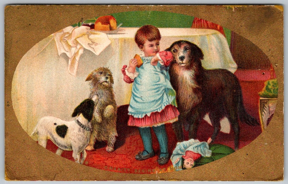 Antique Postcard Girl Dogs and Doll 1910s