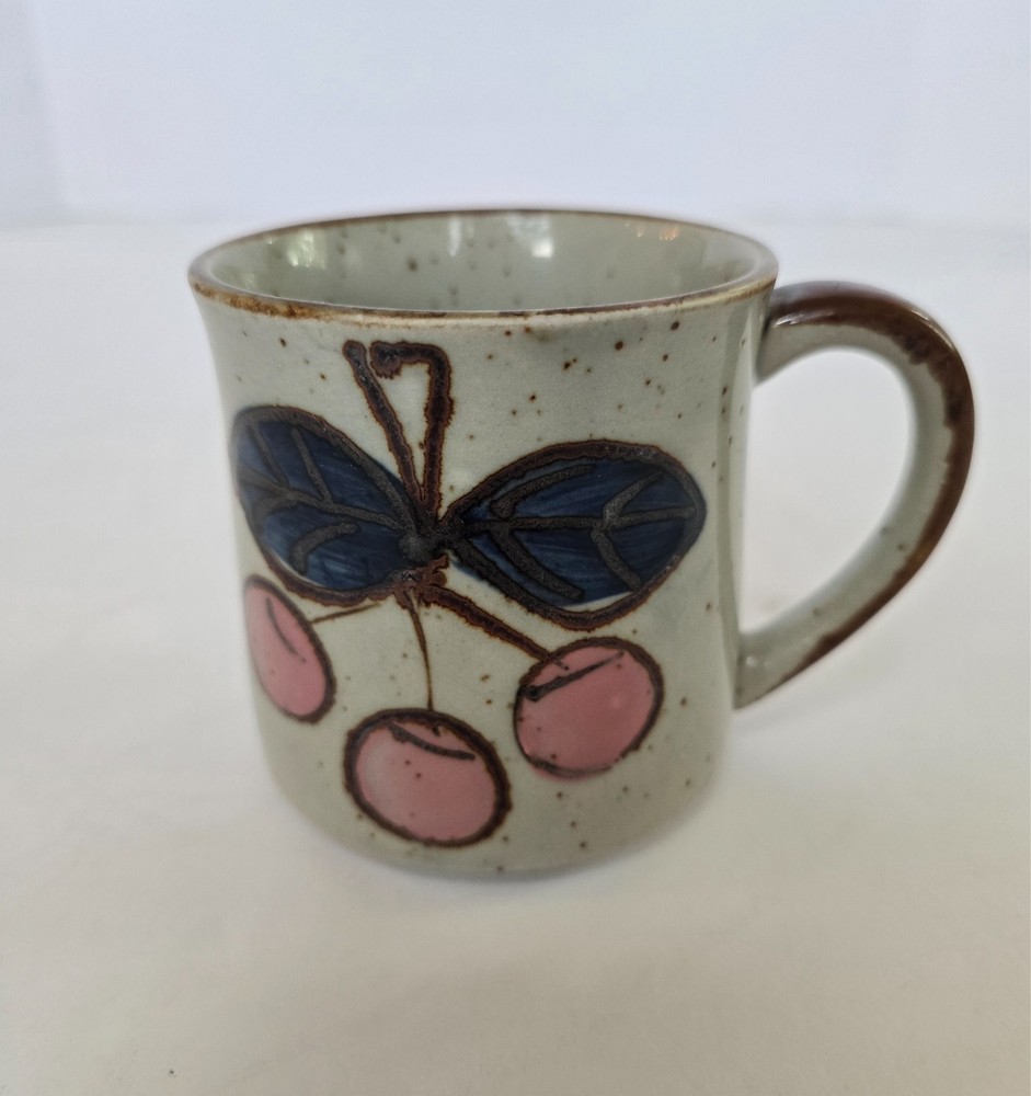Vintage Otagiri Speckled Stoneware Coffee/Tea Mug Hand-Painted Cherry/Fruit