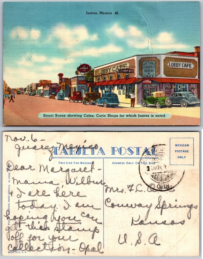Street Scene Showing Cafes Curio Shops Juarez Mexico Postcard