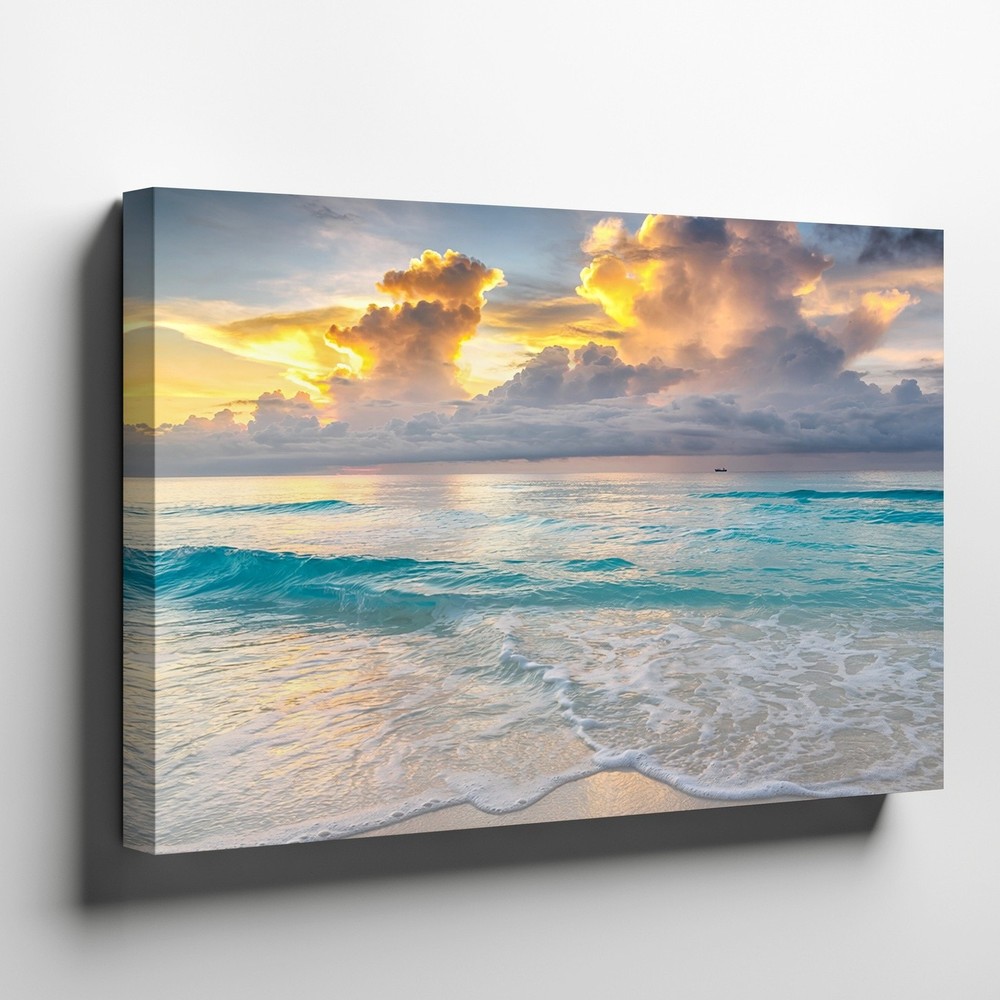 Serene Ocean Beach Canvas Wall Art Sunset Clouds Seascape Coastal Decor Print