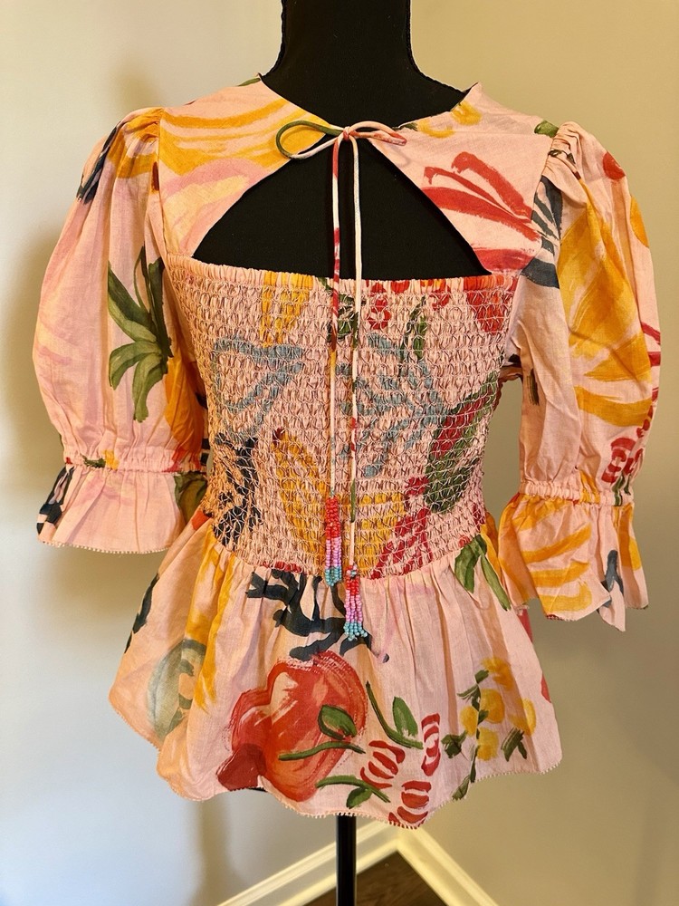 Farm Rio Mixed Fruit Smocked Bodice Puff Sleeve Blouse 3/4 Sleeve - M