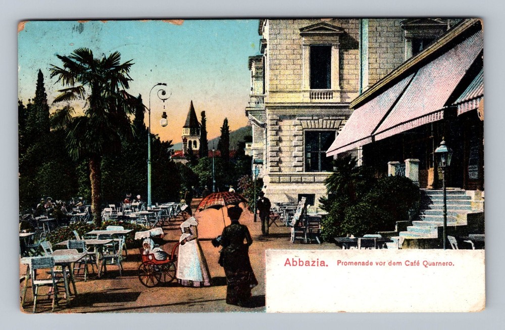 Croatia- Abbazia Café Quarnero Walking The Promenade Old View Vintage Postcard