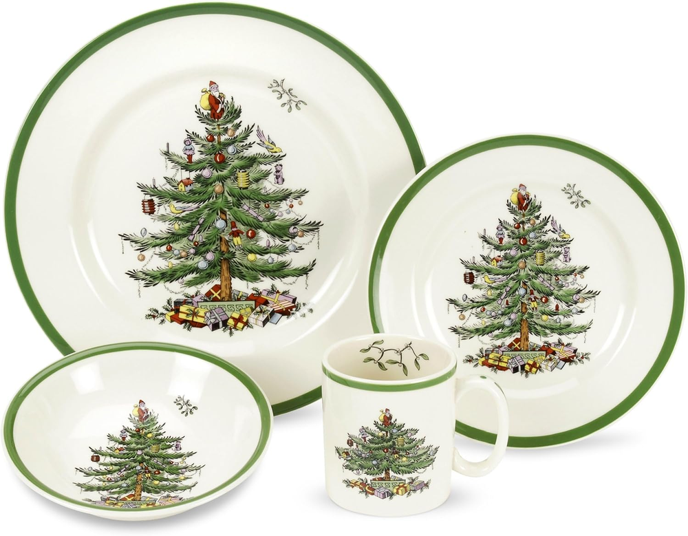 Christmas Tree 4 Piece Dinnerware Setting Fine Earthenware Holiday Tableware New
