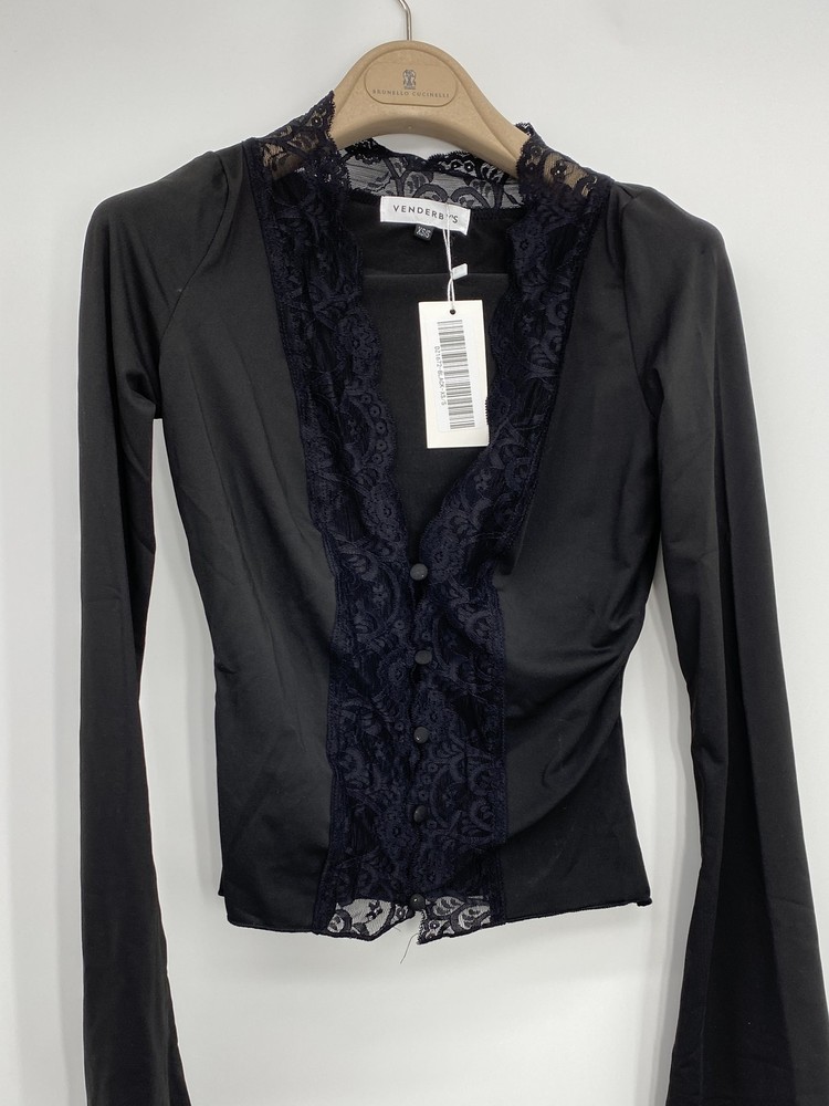 Venderbys Womens Basic Top Black Size XS/S Pretty Luna Lace Buttoned Front