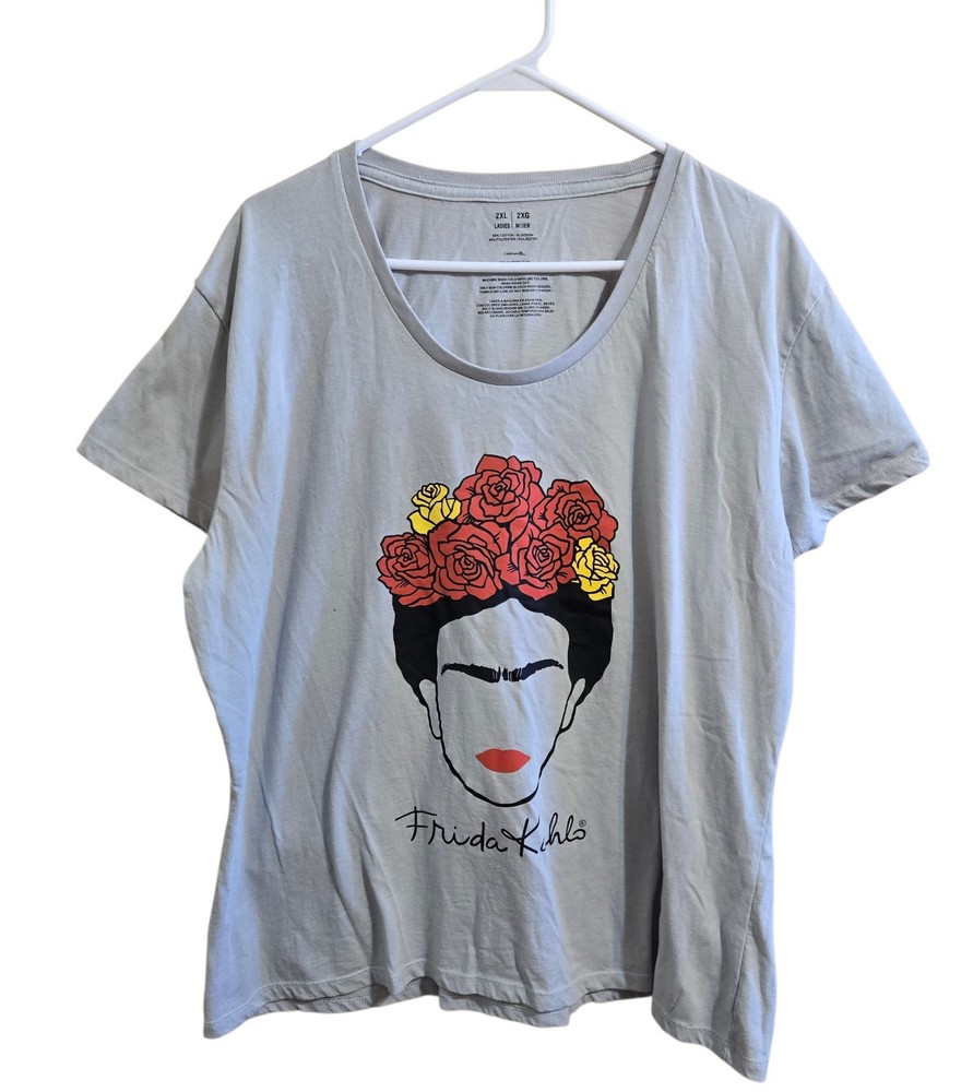 Frida Kahlo Women's Graphic T Shirt Size 2XL Grey Short Sleeve Crew Neck Cotton