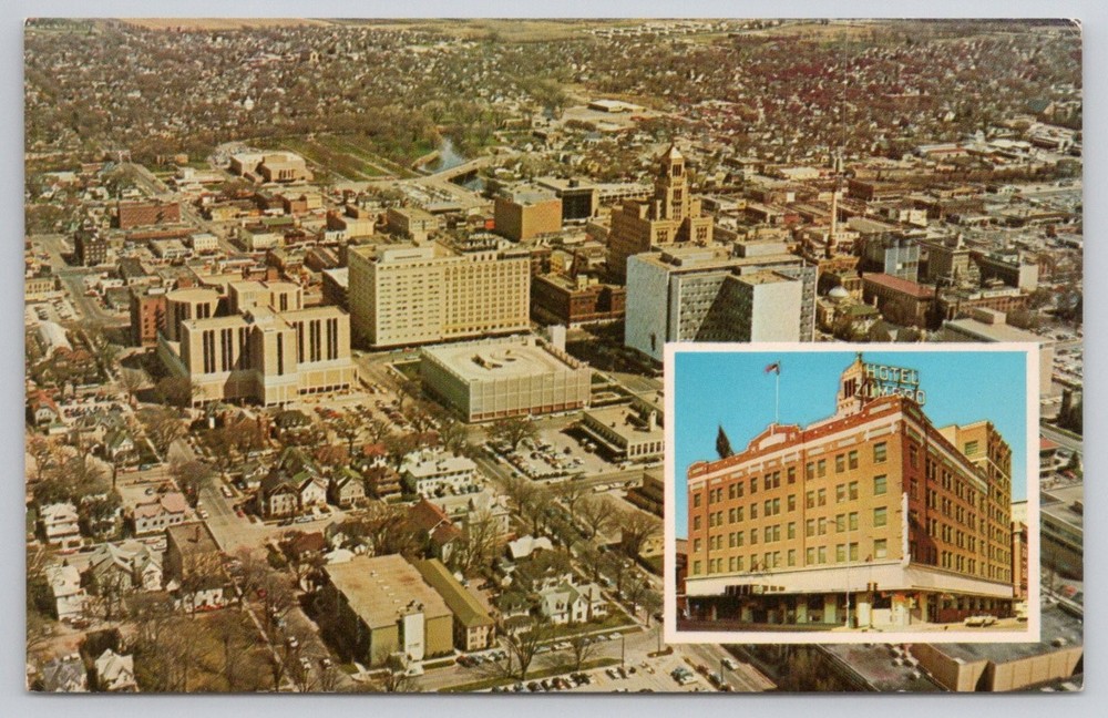 Rochester, MN Aerial View & Kahler Hotel Zumbro Vintage Postcard