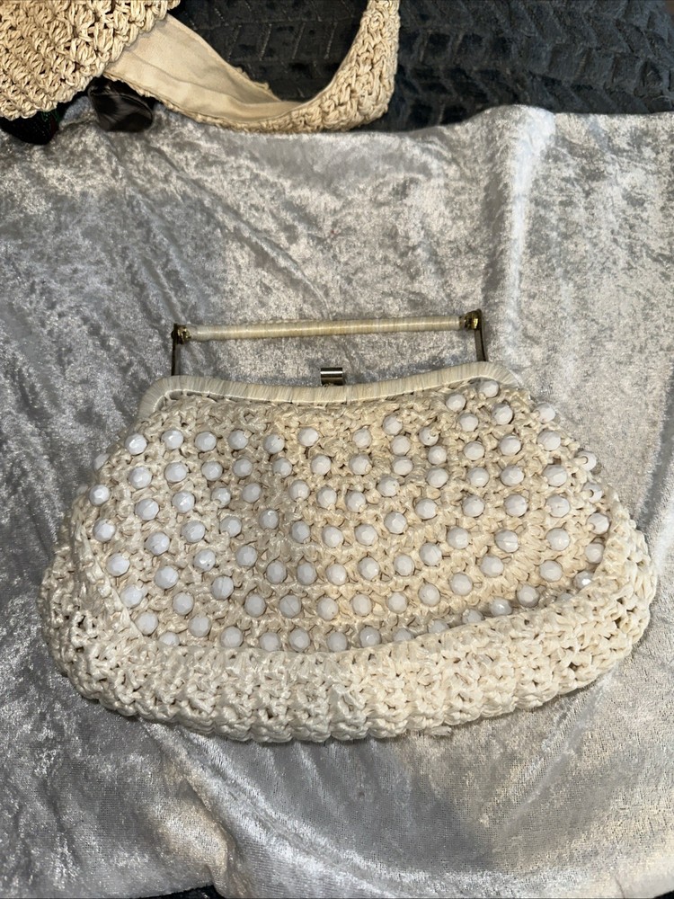 Marcus Brothers of Miami Vintage Ivory Woven With White Beads Bag 50s 60s 10”x6”