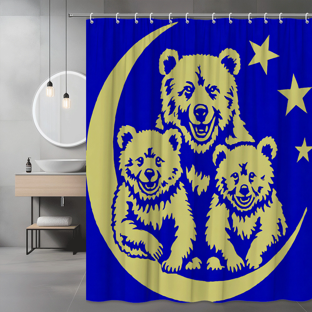 Bear Moon Stars Shower Curtain Blue Yellow Graphic Print
