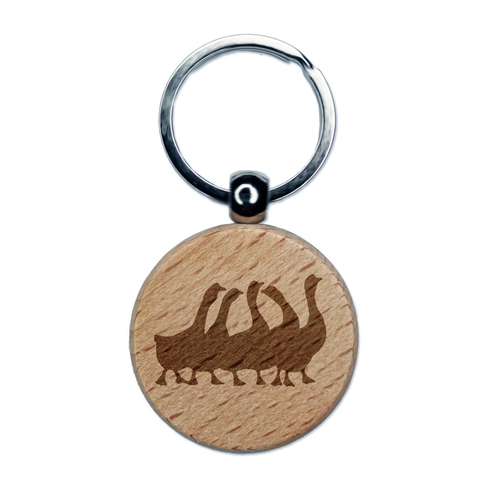 Geese Gaggle Goose Family Solid Engraved Wood Round Keychain Tag Charm