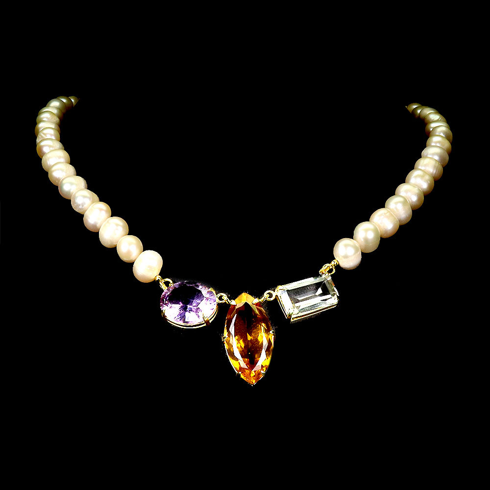 Handmade 925 Sterling Silver Necklace with Marquise Citrine and Pearl