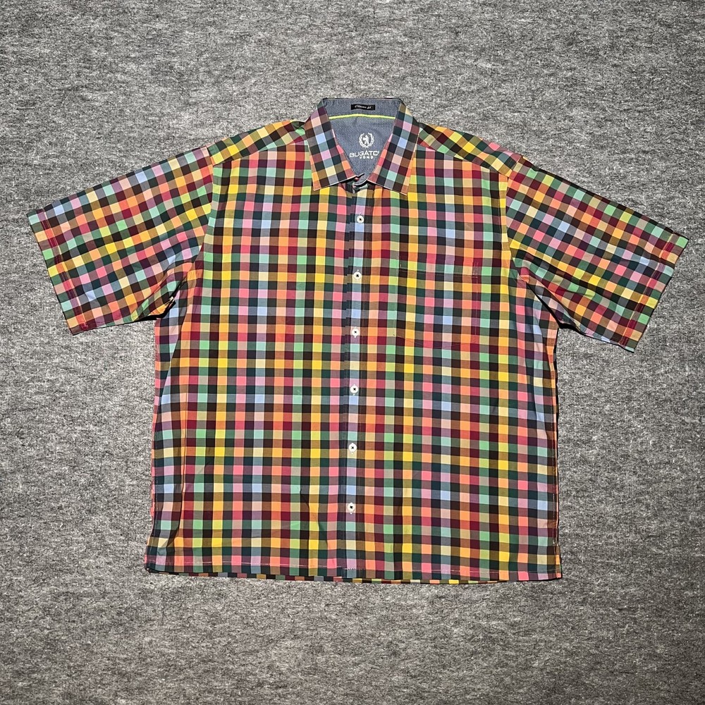 Bugatchi UOMO Men's Shirt L Short Sleeve Plaid Rainbow Shaped Fit Cotton